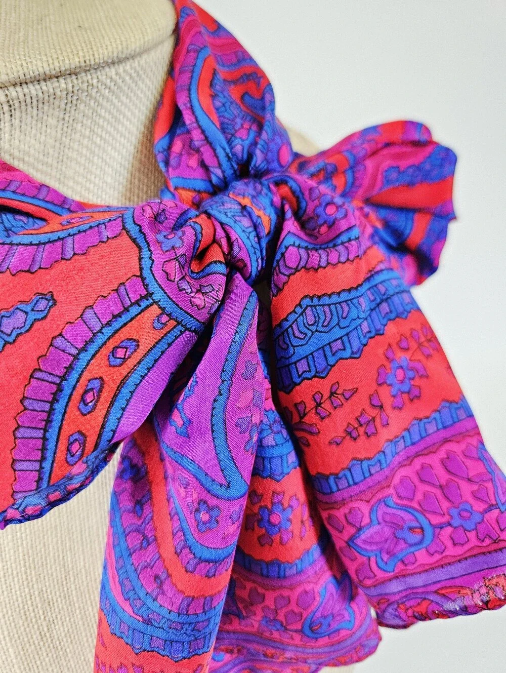 Vintage Vibrant Jewel Tone Paisley Mandela Rolled Edge Long Silk Scarf Foulard